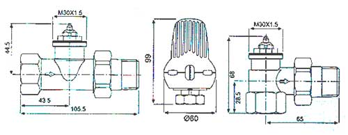 ابعاد شیر ترموستاتیک رادیاتور تکبان مدل TRV 2