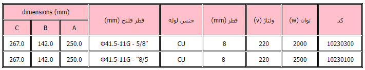 مشخصات فنی المنت آبگرمکن 2000W لعران