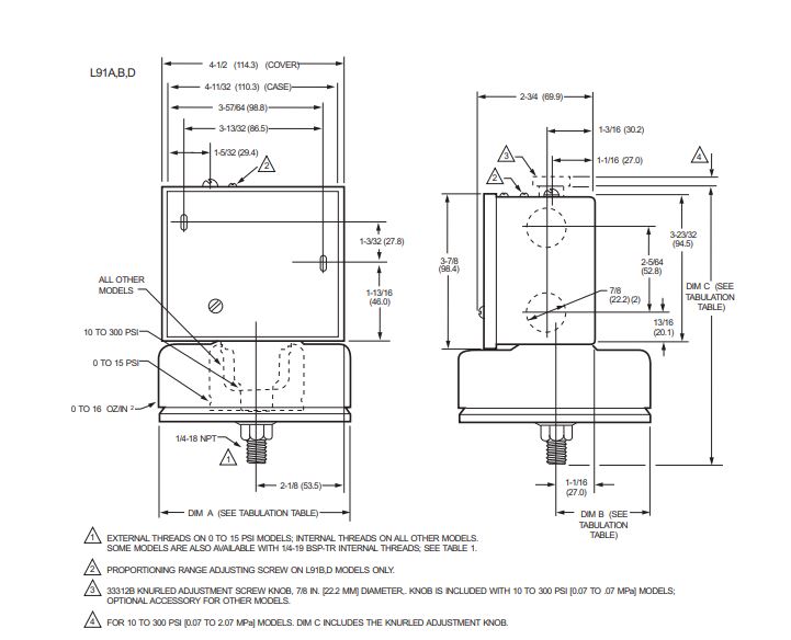 ابعاد پرشر سوئیچ هانیول تدریجی مدل L91B1068