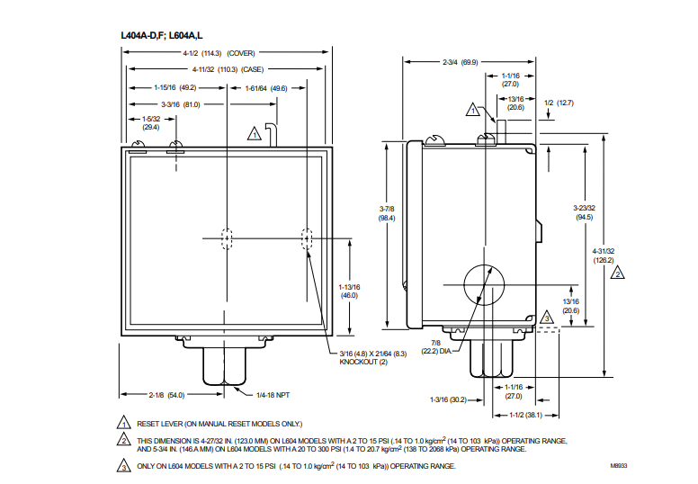 ابعاد پرشر سوئیچ هانیول ON/OFF مدل L404F1102