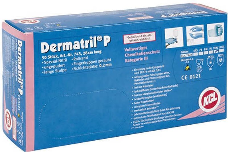 دستکش ایمنی نیتریل کی سی ال مدل 743 Dermatril@P بسته 50 عددی