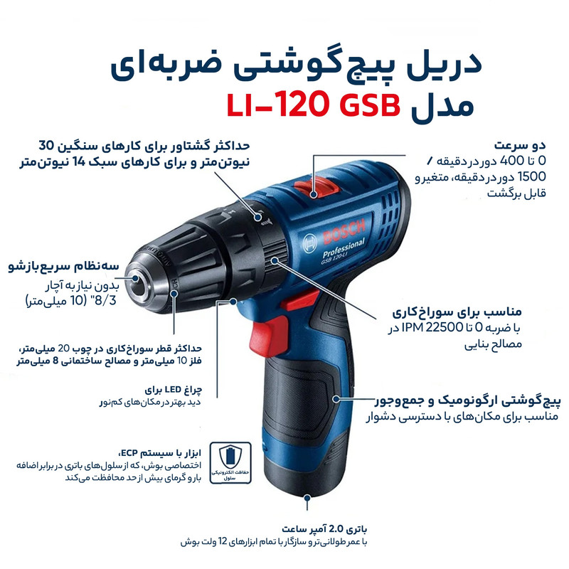 دریل پیچ گوشتی شارژی بوش مدل GSB 120-LI