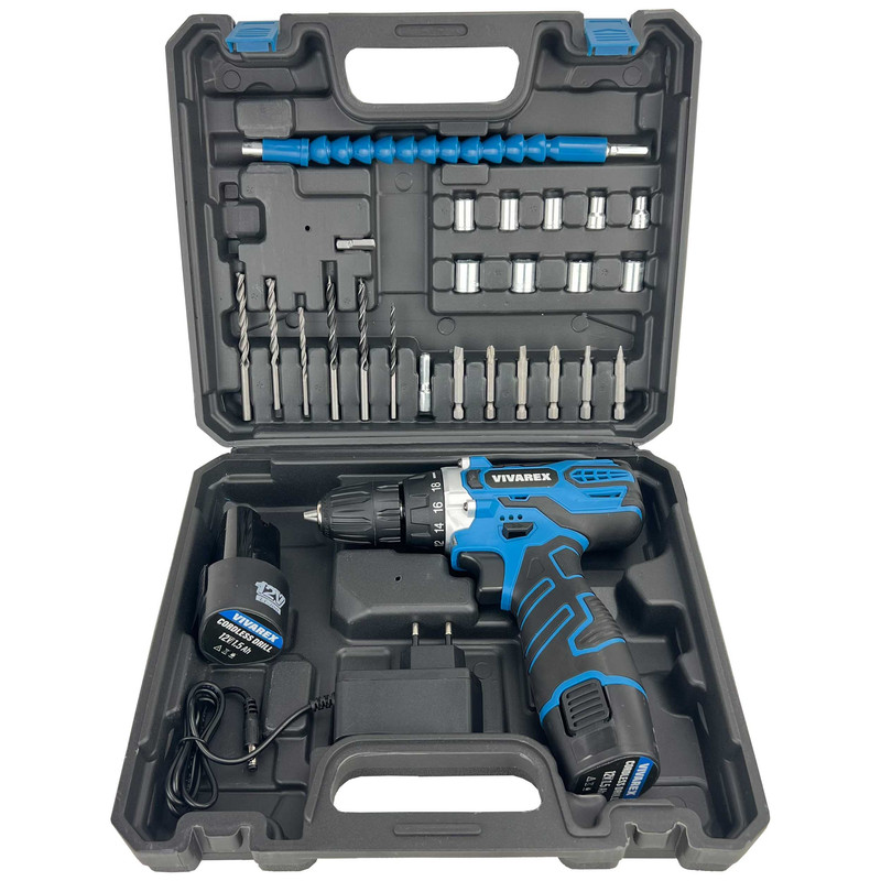 دریل پیچ گوشتی شارژی ویوارکس مدل VR12V-2A-BLUE مجموعه 28 عددی